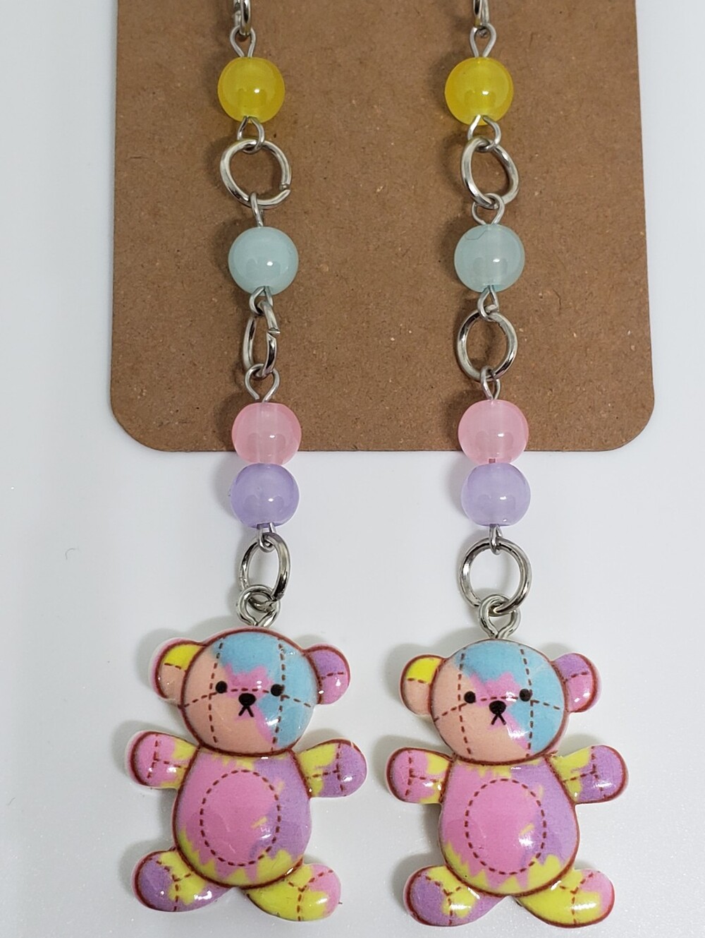 Handmade Glass Beaded Pastel Paint Splatter Stitch Patch Teddy Bear Earrings
